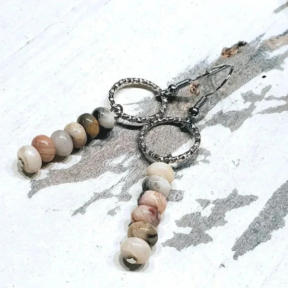 Agate Gemstone Rondelle Beads Textured Silver Ring Handcrafted Earrings - Picture 1 of 11